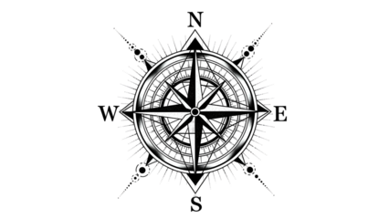 Intricate Compass Rose Illustration in Black and White on Transparent Background