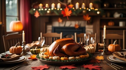Thanksgiving dinner table roasted turkey pumpkins images