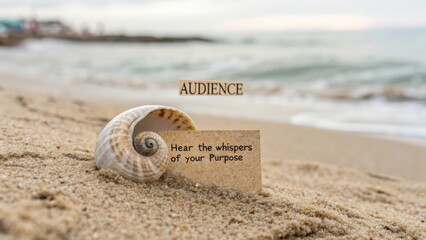 A seashell with an inspirational message on a sandy beach