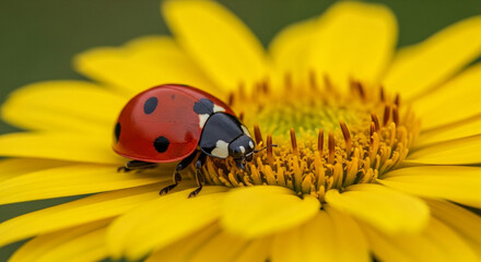 Closeup of a ladybug on a yellow flower, showcasing its vibrant red shell with black spots, set against a soft, blurred green background