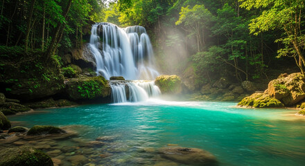 A breathtaking view of a majestic waterfall cascading into a turquoise pool, surrounded by lush green trees in a tropical paradise