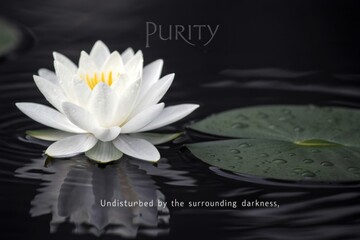 A white lotus flower blooming in dark reflective water