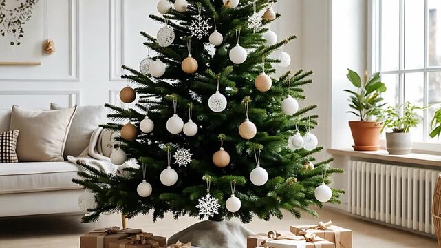 Decorated Christmas tree standing in a minimal Scandinavian living room, gifts wrapped in craft paper under branches