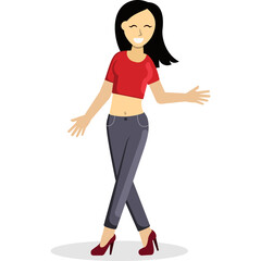 Pixelated Young Woman With Black Hair Smiling And Wearing A Red Cropped Shirt And Blue Jeans High Heels In A Transparent Background