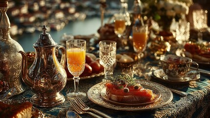 Naklejka premium Elaborate table setting with drinks food and ornate silverware in warm light.