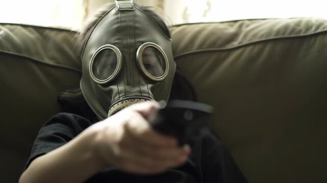 Apathetic Child Wearing Gas Mask Sits On Couch Holding Remote