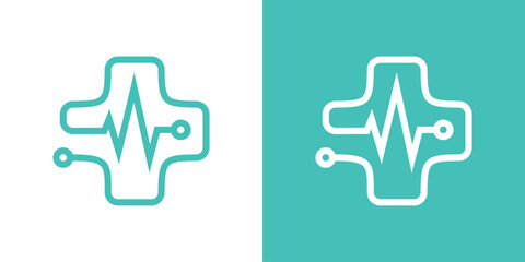 Modern logo combining a medical cross and heartbeat line with digital technology style. Symbolizes healthcare innovation, connection, and modern medical solutions.