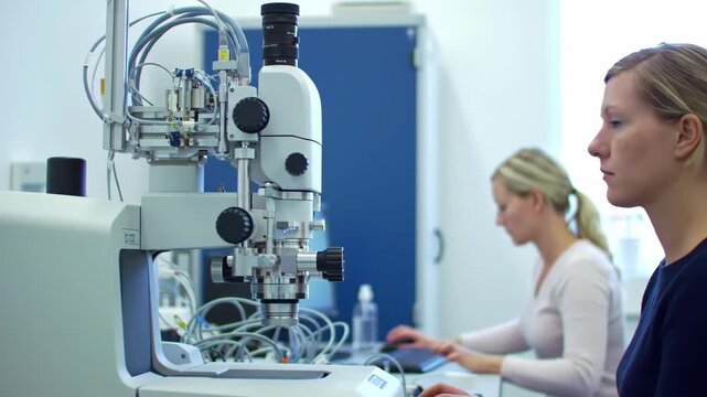 Blonde Women Operating Scanning Electron Microscope in Brightly Lit Laboratory
