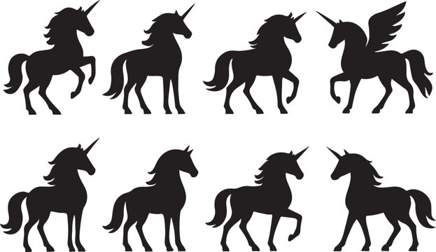 Mystical Unicorn Silhouettes: A collection of magical unicorn silhouettes in various poses, perfect for evoking wonder and enchantment.