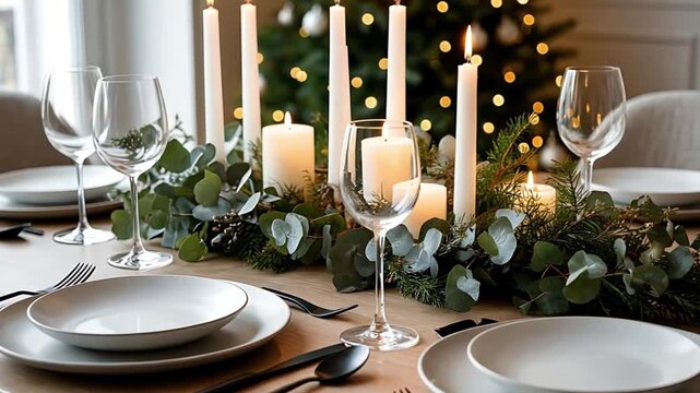 Elegant Christmas dinner table set with dinnerware, cutlery, wine glasses, and a festive centerpiece with burning candles