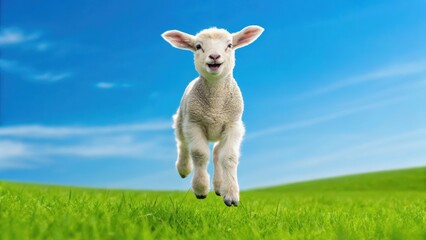 A playful lamb leaps joyfully across a vibrant green field under a bright blue sky.