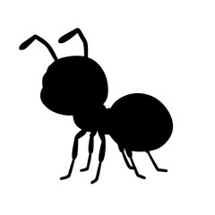 Black silhouette of ant isolated on white background, perfect for logo design, educational graphic, or insect vector icon in minimalist style