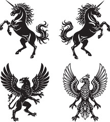 Fototapeta premium Mythical Beasts Heraldry: A collection of meticulously crafted heraldic illustrations, featuring regal unicorns and majestic griffins, representing power, grace, and timeless symbolism.