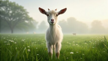Obraz premium A young goat stands in a misty meadow surrounded by grass and flowers, exuding a charming and serene atmosphere.