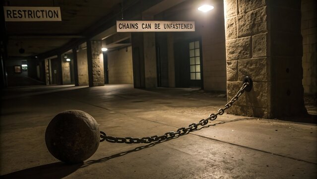 Chain ball in dimly lit prison space under sign