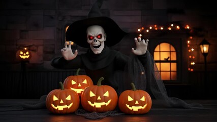 Halloween Horror Show Spooky Witch with Glowing Pumpkins for a Frightful Night