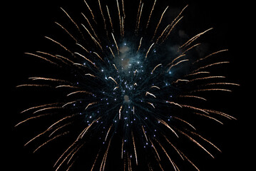 Beautiful fireworks explode in the night sky, impressing the audience.