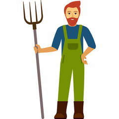Red Haired Farmer with Pitchfork Wearing Green Overalls and Blue Shirt Standing Outdoors on a Sunny Day
