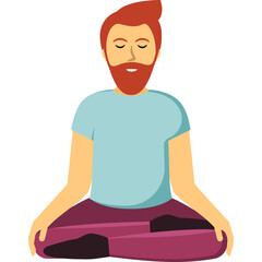 Red Haired Man Meditating Calmly With Eyes Closed Wearing A Light Blue T Shirt And Purple Pants In A Lotus Position On A Transparent Background