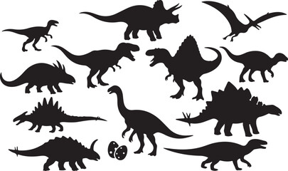 Naklejka premium Prehistoric Shadows: A collection of dynamic dinosaur silhouettes creates a sense of the primeval world. These dark shapes evoke curiosity.