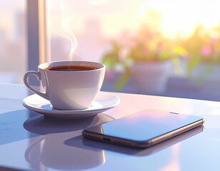 Hot coffee cup with smartphone on table in morning light