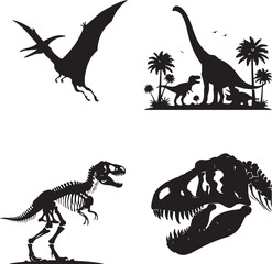 Fototapeta premium Dinosaur Silhouette Set: A set of detailed silhouettes showcasing various dinosaurs, including a Pterodactyl, a long-necked dinosaur, a T-Rex skeleton, and a T-Rex skull.