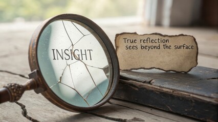 Cracked ancient mirror reflecting the word INSIGHT