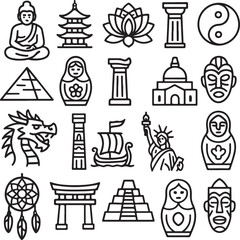 Fototapeta premium Diverse Cultural Icons: A captivating illustration showcasing a vibrant collection of global cultural icons, including historical architecture, intricate religious symbols, and intriguing art pieces.