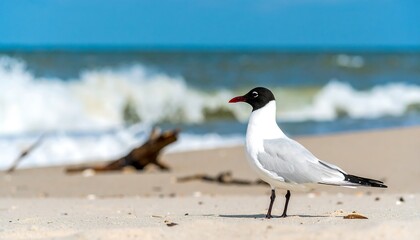 A graceful seagull stands on a sandy beach, facing the ocean waves.