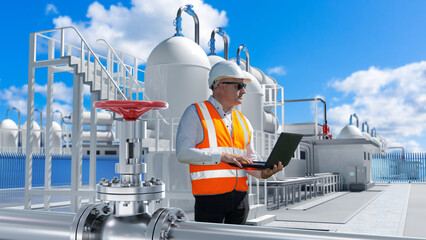 Engineer in helmet and vest with laptop inspecting hydrogen production plant, gas storage tanks, industrial pipelines, renewable energy facility. Energy.