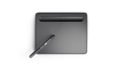 Graphic drawing tablet with stylus pen on white background, digital device for design, illustration, sketching, art and creative professional work. Design.