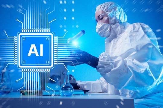 Scientist in protective suit with lab equipment and AI concept symbol, integration of artificial intelligence in medical scientific research. Science.