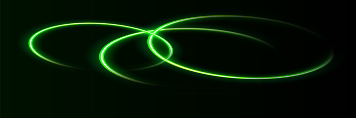 Green shiny sparks of spiral wave. Curved bright speed line swirls. Shiny wavy path. Rotating dynamic neon circle. Magic golden swirl with highlights.