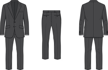 Formal men&rsquo;s suit technical fashion illustration, front back side view blazer and trousers, tailoring garment design sketch, vector apparel template, clothing manufacturing reference drawing