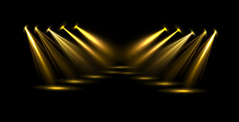 Vector Stage Lighting Effects Set of Concert Spotlights with Glowing Beams, Realistic Light Sources for Event Designs, Party Posters, Web Banners and Transparent Background