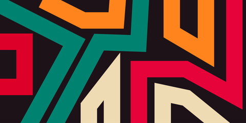 Abstract geometric pattern with bold red, orange, beige, and green shapes on a black background.