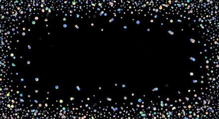 Holographic confetti falling against a transparent background, featuring a rainbow iridescent texture with festive foil tinsel, bokeh light effects, and sparkling glitter highlights.

