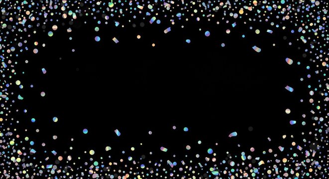Holographic confetti falling against a transparent background, featuring a rainbow iridescent texture with festive foil tinsel, bokeh light effects, and sparkling glitter highlights.