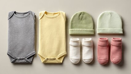 Baby Essentials: An array of soft, pastel-colored baby clothes and accessories, arranged neatly.