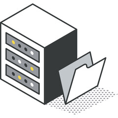 Server rack with data folder icon representing account management and data storage in a clean isometric graphic design with a transparent background