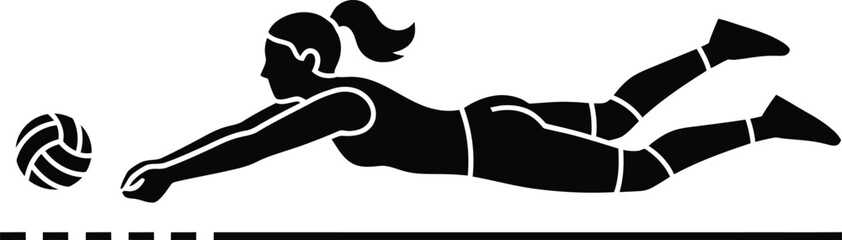 Silhouette of a female volleyball player diving for a ball