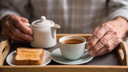 A cozy breakfast scene featuring a pair of hands holding a cup of tea with a teapot and toast on a tray, evoking warmth and comfort.