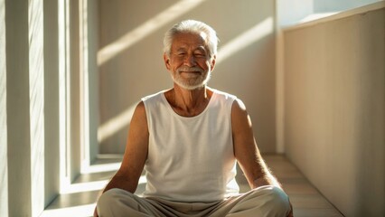 A serene elderly man meditates in a sunlit room, embodying peace and tranquility with a gentle smile on his face.
