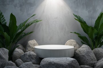 Minimalist Product Display Mockup Featuring a Round Pedestal with Natural Stone and Green Plants for Elegant Presentations