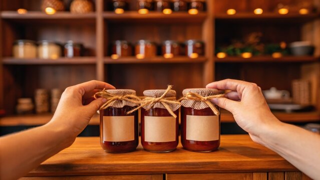 Three jars of jam are held by hands, set against a wooden shelf filled with various containers, creating a warm and inviting atmosphere.