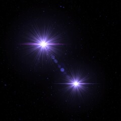 Realistic light flares and glowing effects, resembling camera flash or sunlight reflections on a lens, including star-like glints and sparkling glares isolated on a dark background.
