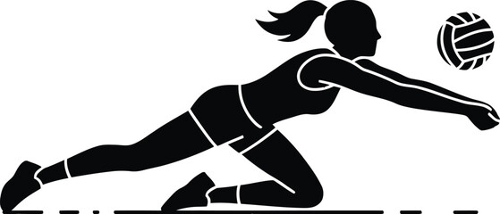 Silhouette of a woman playing volleyball in a defensive dive