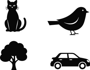 Silhouettes of cat, bird, tree, and car, simple black vector icons representing nature, animals, and transportation concepts