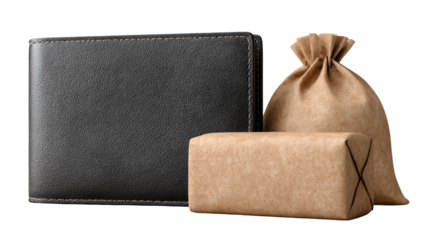 Leather wallet, wrapped rectangular gift, and drawstring sack on dark background
