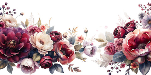 Elegant Watercolor Floral Border Design with Burgundy and Cream Flowers and Delicate Foliage Arrangement